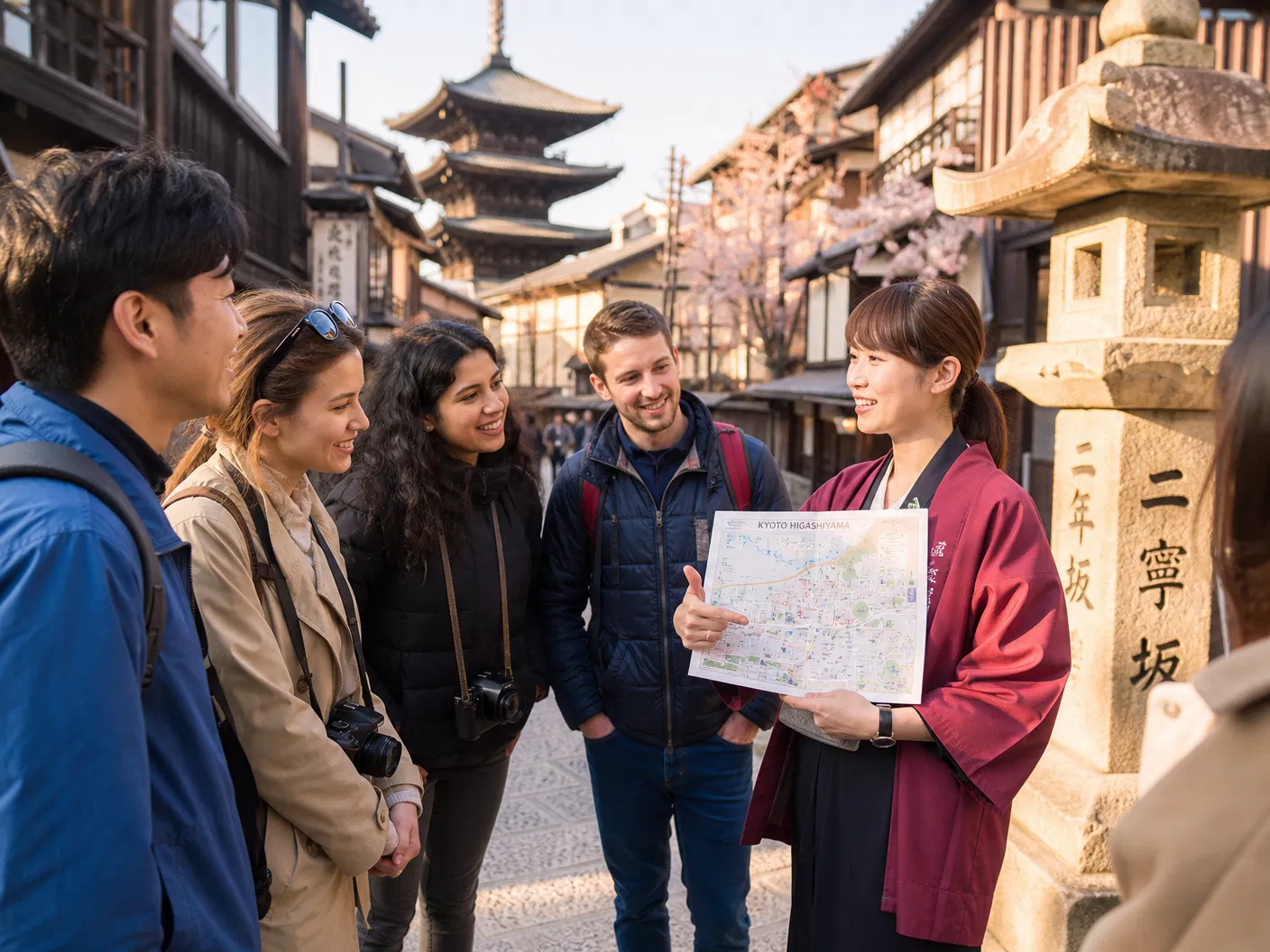 ガイドが旅行者に地図を見せながら説明している