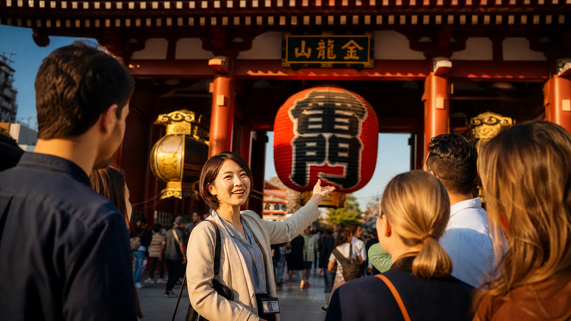観光ガイドが浅草で外国人旅行者を案内している