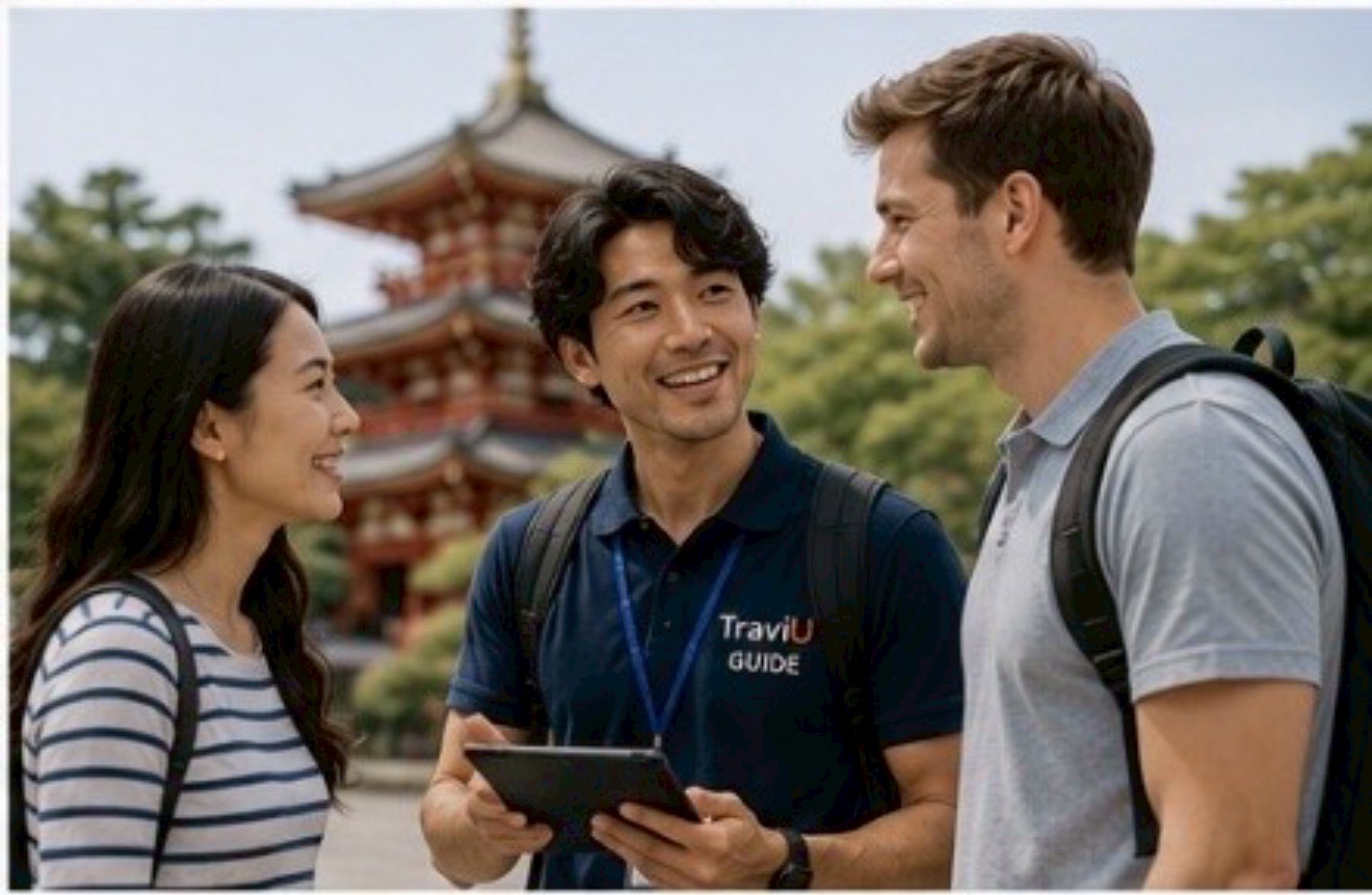 ガイドが旅行者に観光名所で観光ガイドしている