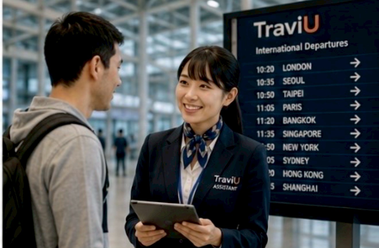 アシスタントガイドが旅行者に空港で説明している