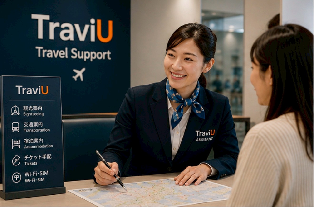 アシスタントガイドが旅行者に説明案内をしている